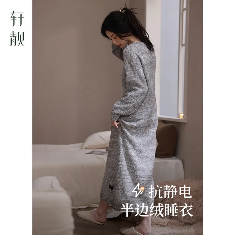 【半边绒】睡裙女秋冬加绒加厚保暖珊瑚绒睡衣家居服连衣裙超长款