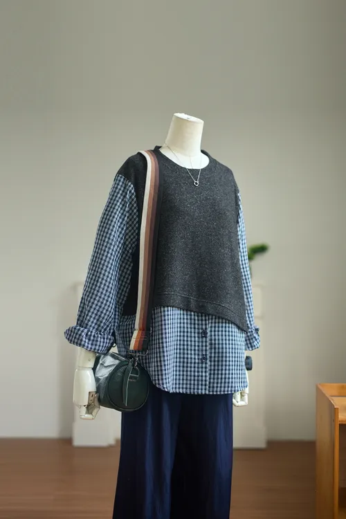 琴川谷假两件针织衫女秋季新款设计洋气减龄格子拼接长袖衬衫上衣