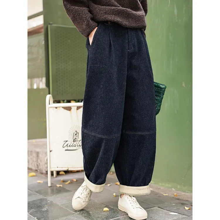 麻霖【经典款】磨毛厚实柔软斜纹棉亚麻撞色廓形牛仔裤阔腿休闲裤