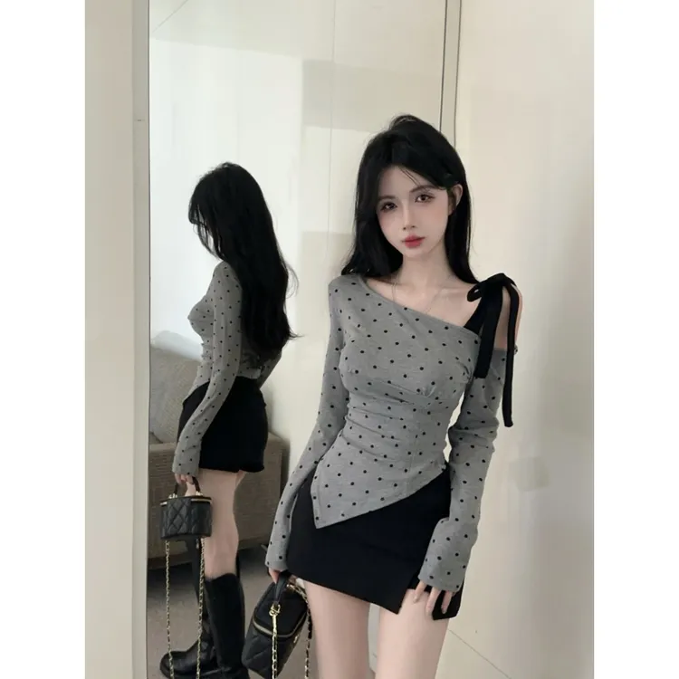 波点纯欲辣妹露肩长袖t恤女绑带蝴蝶结内搭上衣不规则修身打底衫