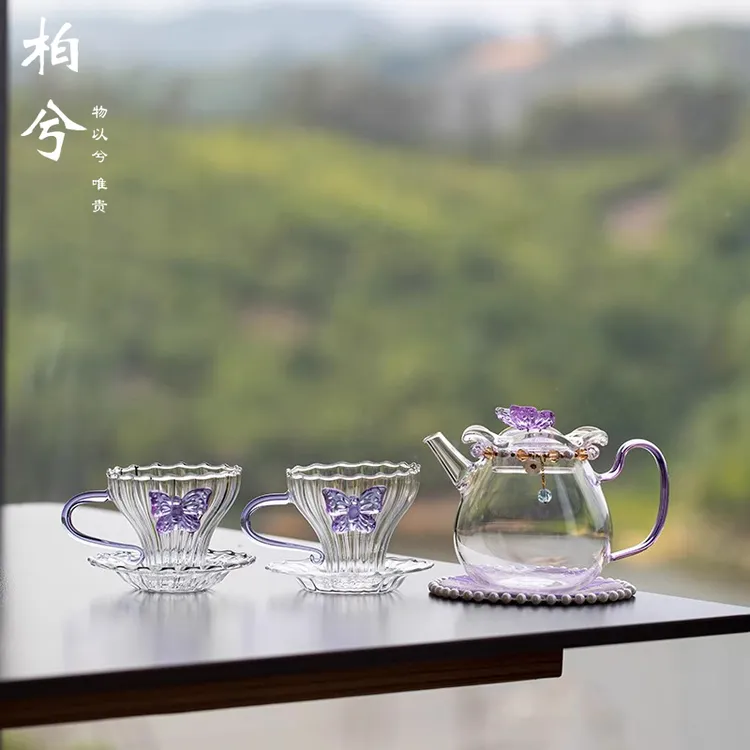 高硼硅紫色蝴蝶花茶壶家用轻奢耐热玻璃壶泡茶壶煮茶壶带过滤茶具