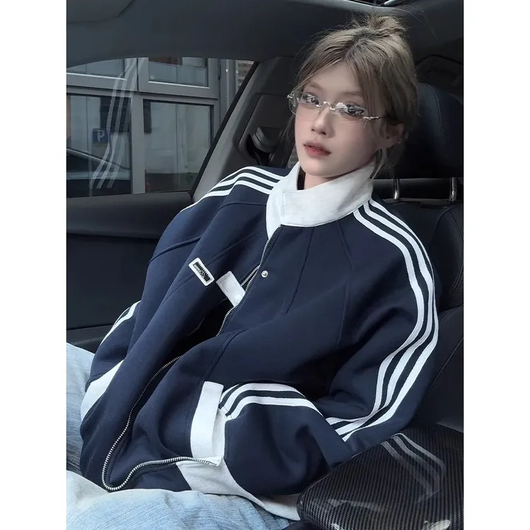 高品质男女同款美式秋季撞色潮流百搭拼接条纹夹克宽松立领外套