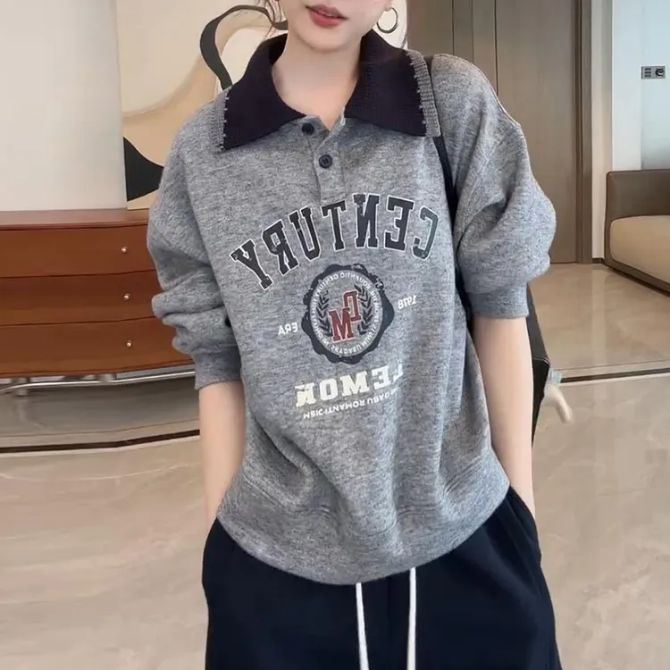 宽松时尚字母印花卫衣女士2025秋季新款翻领长袖上衣百搭洋气女装