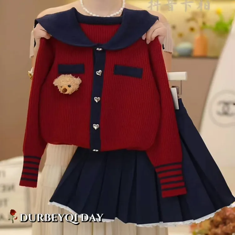 女童2025秋季新款海军领小熊毛衣百褶裙套装韩版