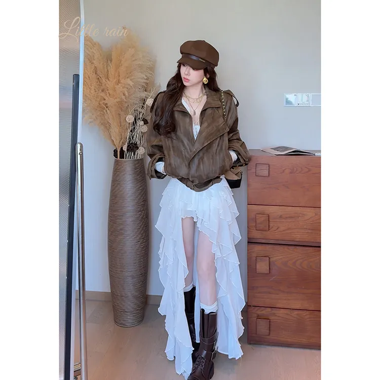 小雨姐姐秋款【沙丘皮衣】时尚复古帅气工装风翻领宽松皮衣外套新款