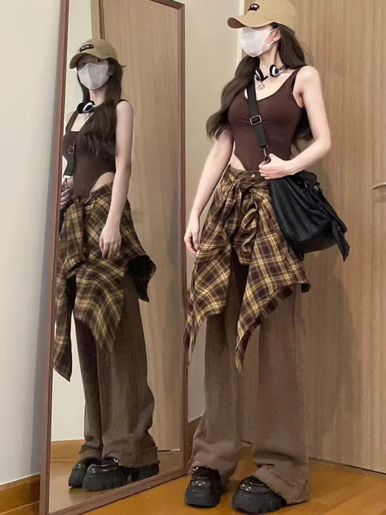 美式复古棕色格子衬衫女早秋2025年新款宽松遮肉慵懒风中长款衬衣