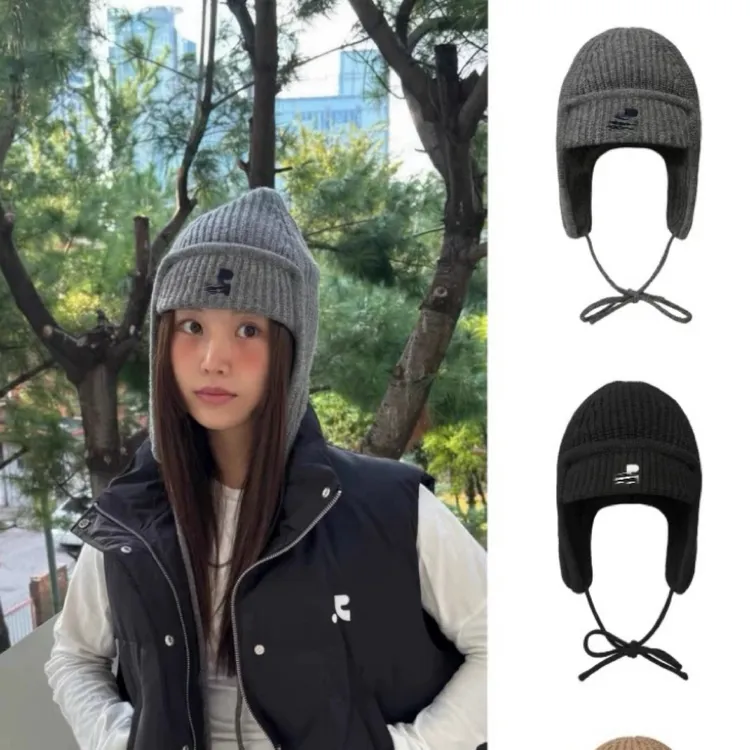 2025新款秋冬保暖护耳针织帽子女百搭系带帽防寒刺绣毛线帽情侣