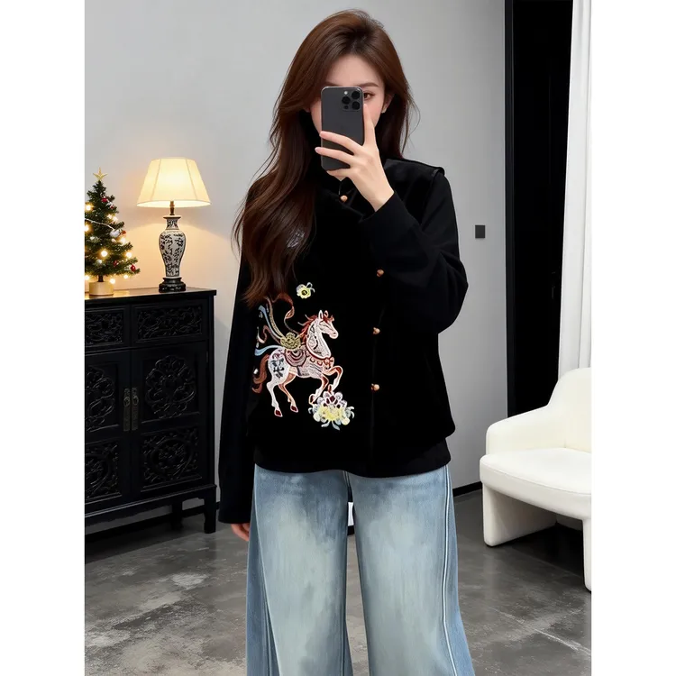 复古新中式本命年斜襟丝绒马甲重工刺绣骏马立领外穿搭配马夹上衣