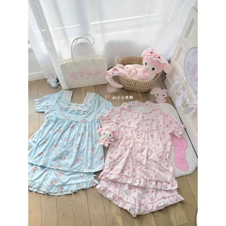日系美乐蒂甜美夏季女款开衫短袖睡衣可外穿云朵棉休闲家居服套装