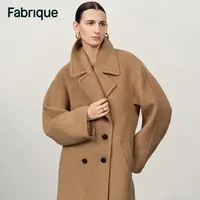 Fabrique Jinelle 奶茶棕绵羊毛微茧型连肩袖大翻领中长款大衣