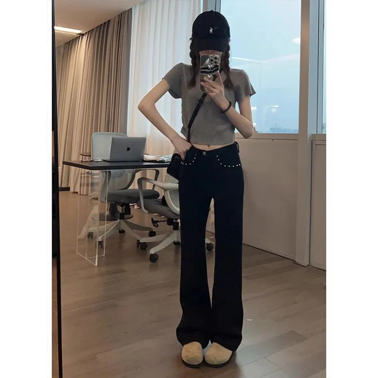 黑色高腰窄版微喇牛仔裤女春季新款设计感小众百搭显瘦马蹄长裤子