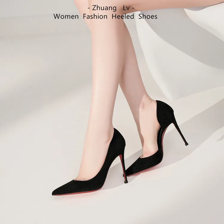 红底高跟鞋女2025年春新绒面黑色气质百搭职业侧空尖头细跟单鞋女