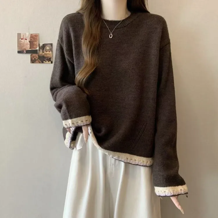 高级圆领花边针织衫秋冬新款毛衣设计套头加厚宽松针织外穿上衣女