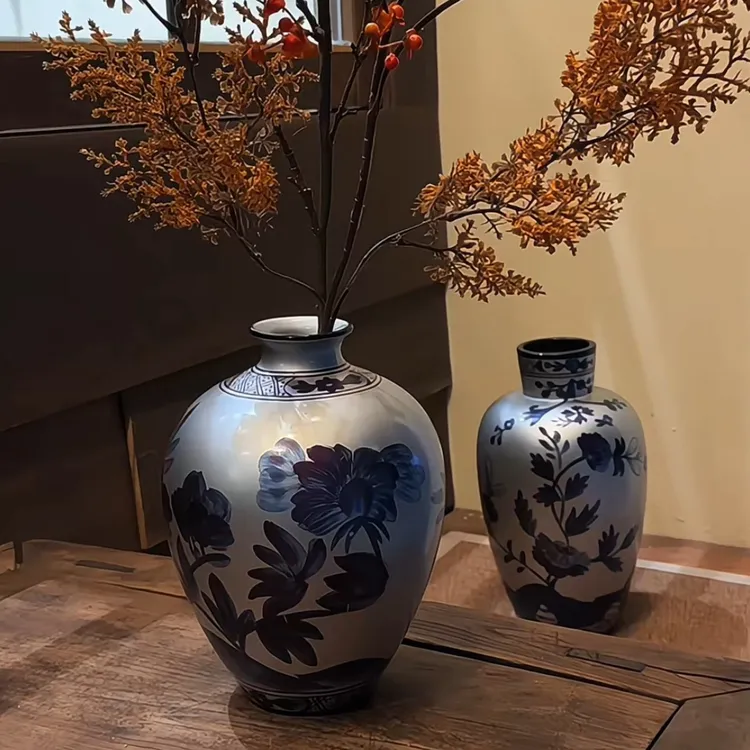 新中式银底青花陶瓷花瓶复古花艺插花花器客厅玄关摆件A001A002