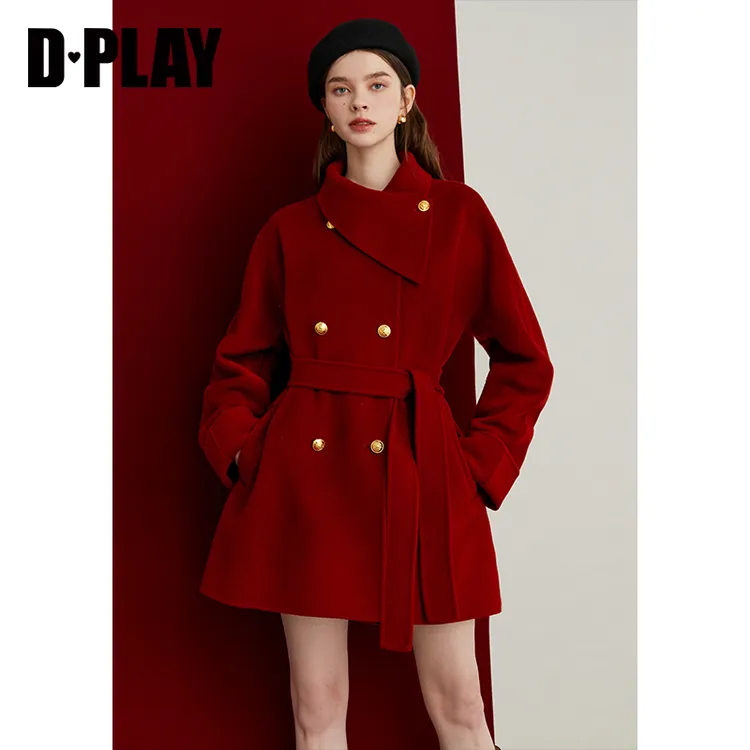 DPLAY2025年冬季新款红色大衣100羊毛中长款加厚毛呢外套女