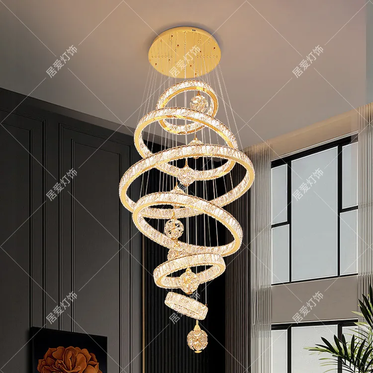 轻奢别墅复式楼大吊灯客厅灯2025年新款挑空水晶灯圆形楼梯长吊灯