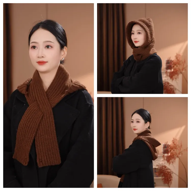 冬季羊毛混纺防寒保暖围脖帽交叉一体式是多功能帽