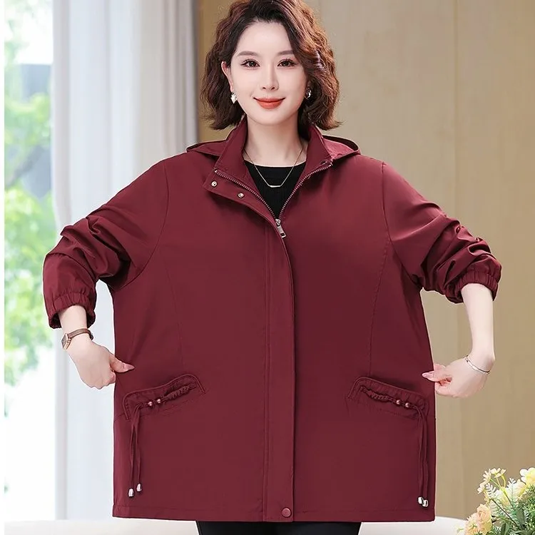 小个子秋季短款外套 大码中年女士宽松连帽夹克外套 带里衬中老年