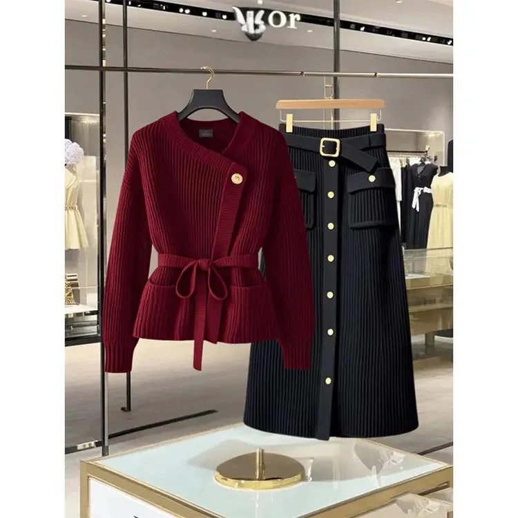 秋冬季时尚套装高级感轻奢安可拉红针织衫时尚黑色半身裙两件套女