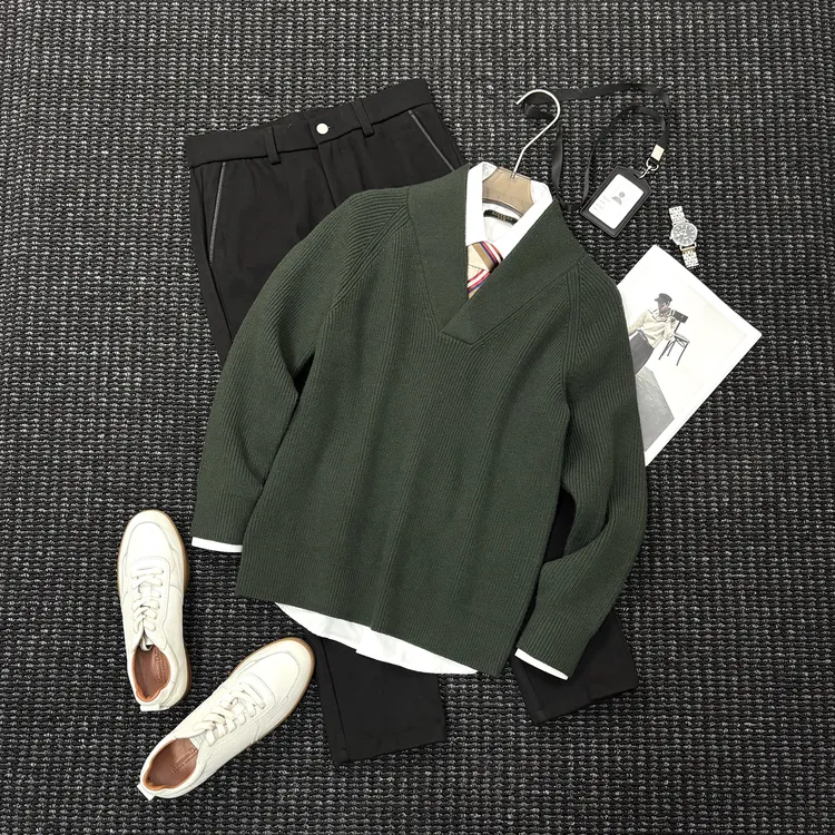 MIGSIMHE·冬季男士保暖重磅羊毛混纺青果领针织毛衣羊毛衫外套