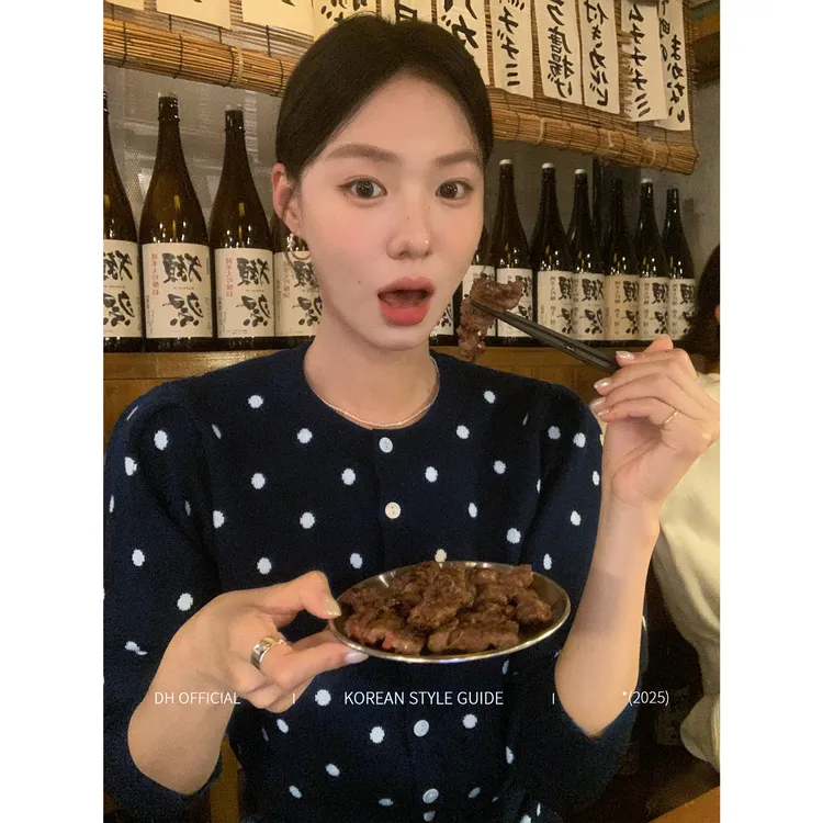 DH OFFICIAL 大花【古着甜心 wooly】法式气质撞色波点毛衣针织开衫