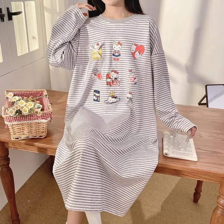 条纹睡裙女春秋冬德绒长袖胖MM200斤超仙大码ins风保暖过膝睡衣裙