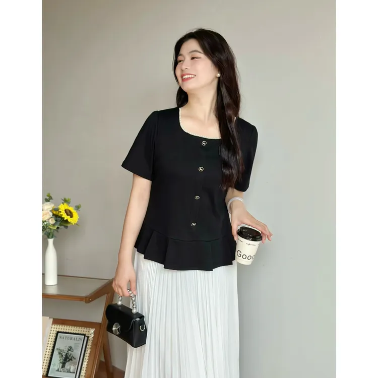 XIAXIA  【巴黎假日】大码法式方领黑色正肩花蕾下摆T-JX0091#