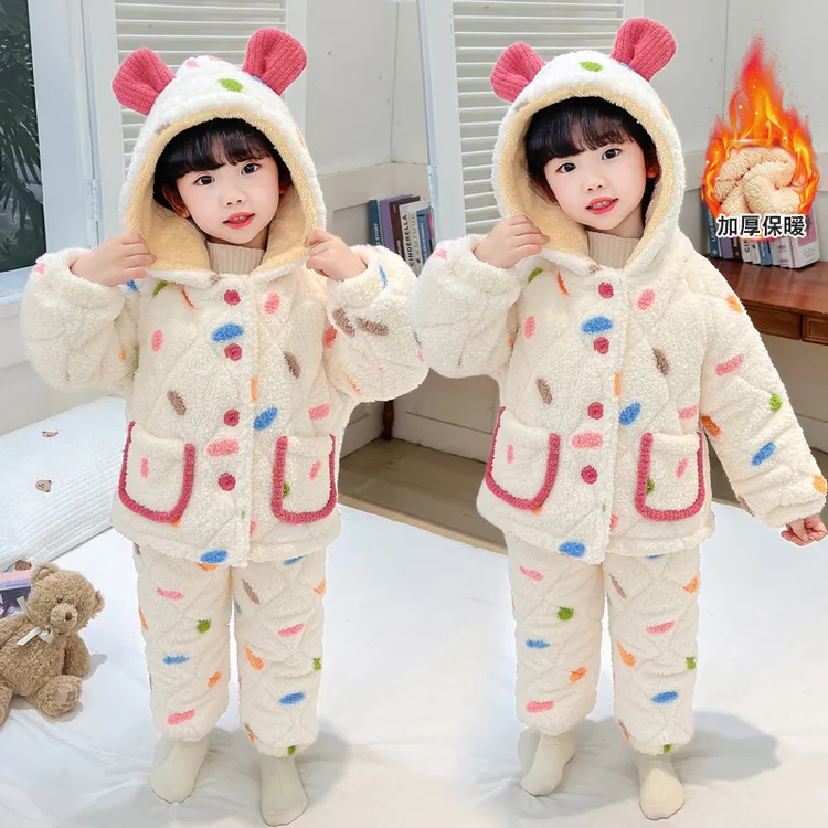 女童睡衣秋冬款儿童法兰绒家居服宝宝冬季珊瑚绒三层加绒加厚款女