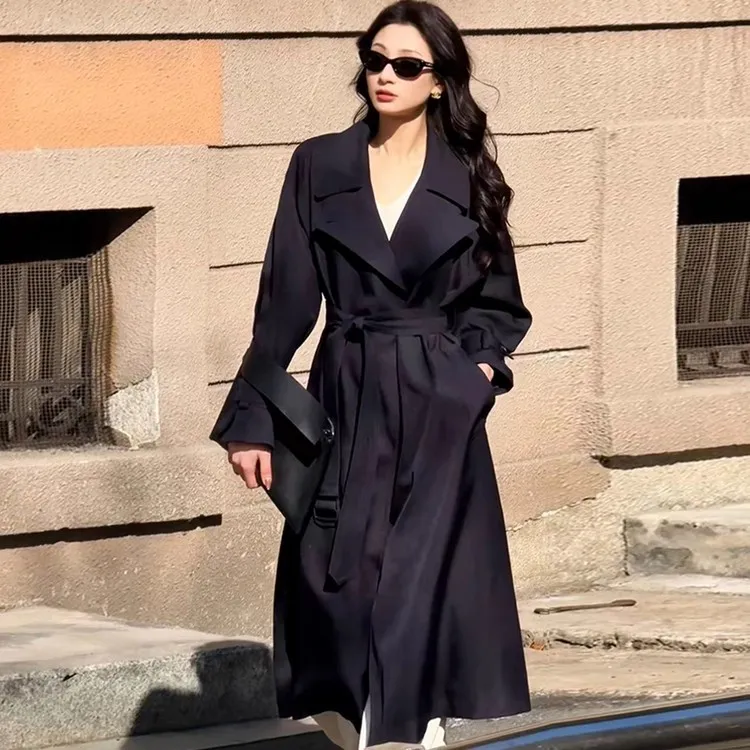 韩版宽松落肩袖翻领双排扣女时尚秋季风衣大衣女款爆款2025新款