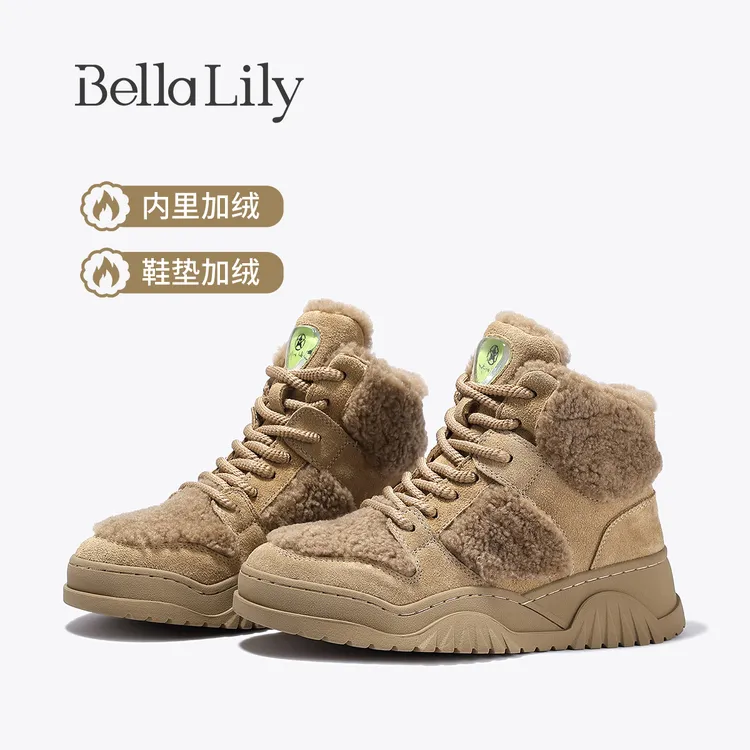 BellaLily2025冬季新款复古牛皮加绒高帮鞋女雪地棉鞋厚底休闲鞋