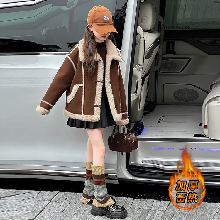 女童加绒外套秋冬款2025新款儿童深秋加厚保暖上衣中大童女孩大衣
