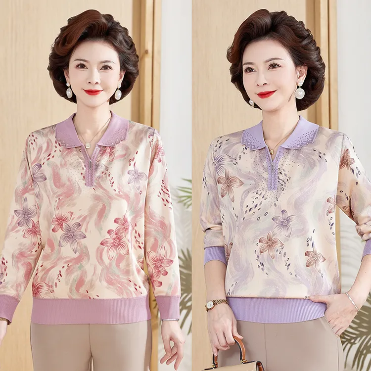 妈妈秋装长袖T恤上衣中老年女装翻领洋气小衫奶奶春秋打底衫外穿