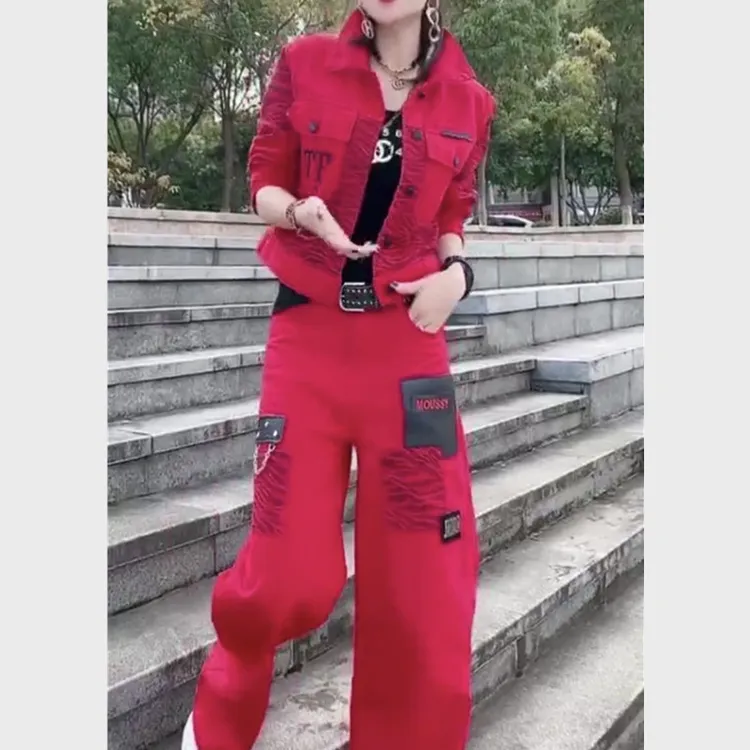 中年女装2025秋季新款休闲时尚红色两件套短外套阔腿裤女40-50岁