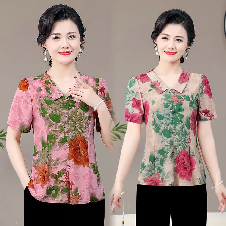 中老年女新款打底小衫春夏娃娃领中袖T恤时尚妈妈装套头遮肚上衣