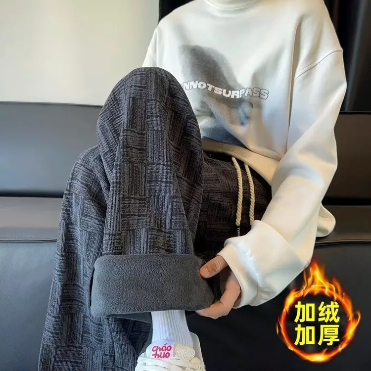 灯芯绒直筒裤子男款秋冬季加绒特厚格子长裤青少年宽松阔腿休闲裤