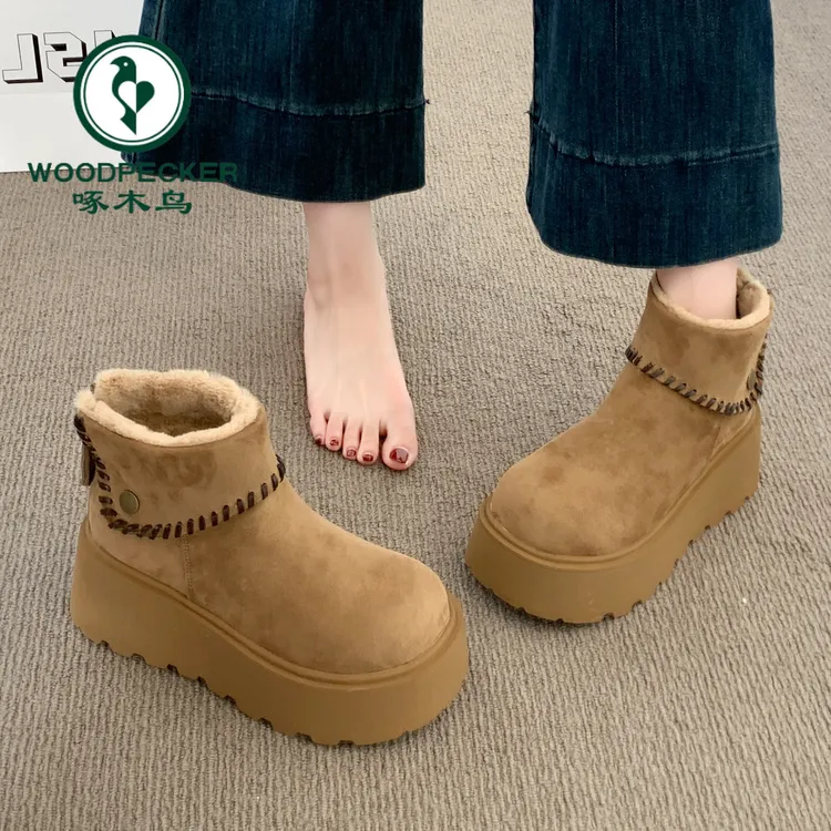 啄木鸟厚底雪地靴女款2025新款冬季防滑保暖棉鞋皮毛加绒加厚棉靴