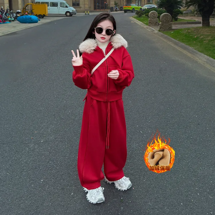 女童冬季时尚毛领棉服2025新款中大童休闲宽松加绒休闲裤两件套潮