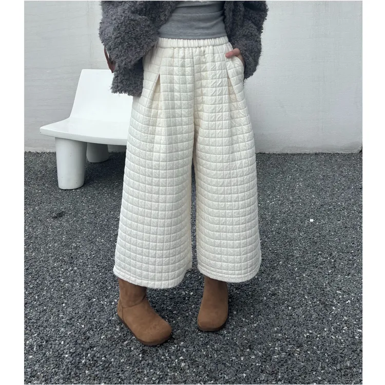 设计感菱格夹棉阔腿休闲裤女2025秋冬款小个子加厚保暖八分奶奶裤