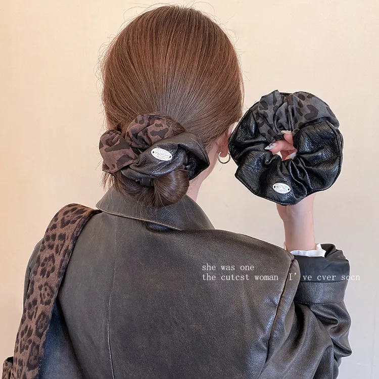 豹纹皮质双拼色大肠发圈秋冬款复古高档发绳头绳韩式新款发饰棕色