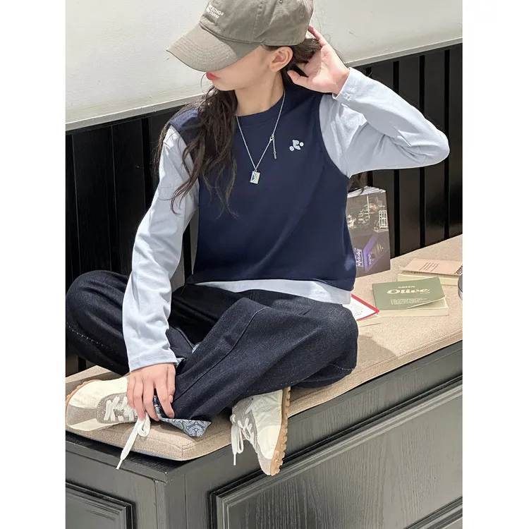 K29678孙小美假两件撞色女童秋装长袖T恤2025新款春秋儿童打底衫t