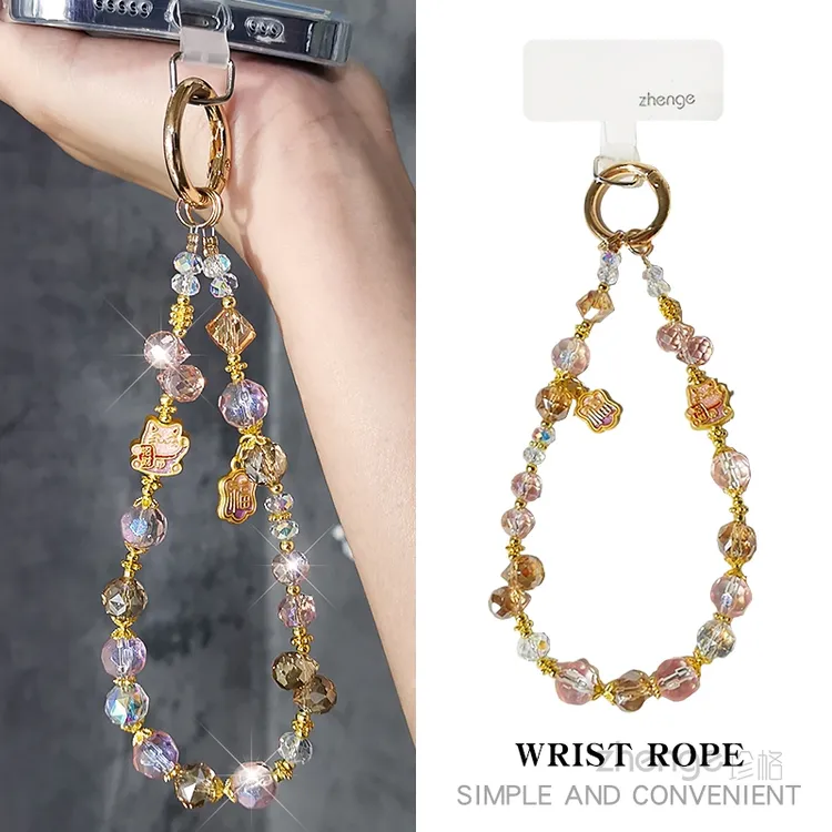 可爱招财猫水晶手机链ins手腕挂饰手链短款手机壳串珠手机挂绳新