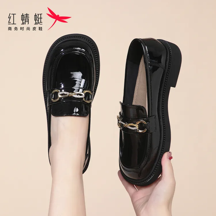红蜻蜓春秋女鞋新款英伦皮鞋一脚蹬懒人乐福鞋女真皮通勤软底单鞋
