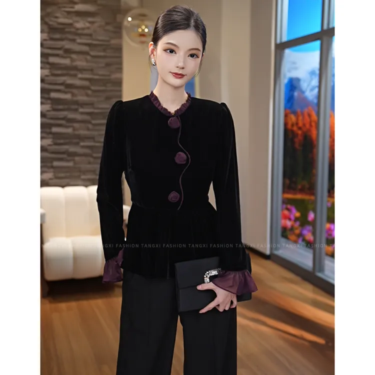 2025秋冬新款【ZM24-Q628】时尚显瘦黑色丝绒花朵长袖上衣