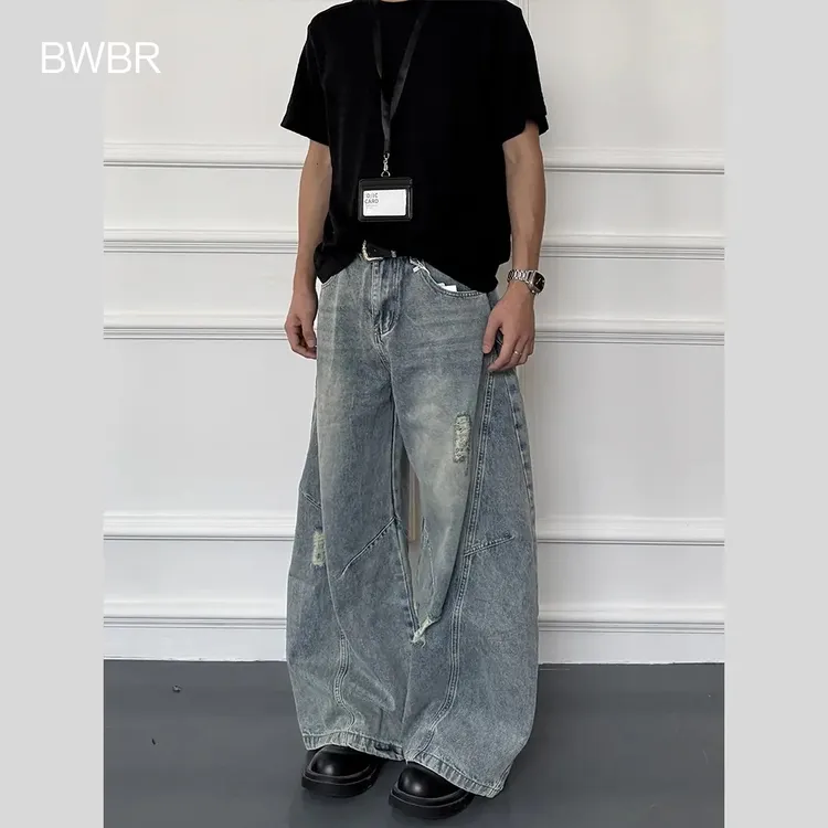 美式复古弯刀牛仔裤男女宽松破洞高级感裤子薄款阔腿裤直筒夏季