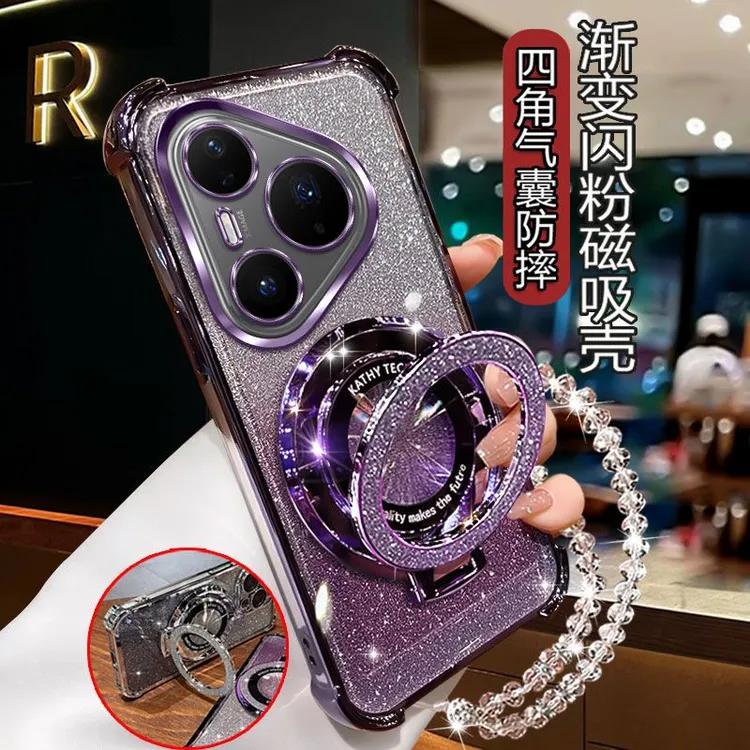 四角防摔适用华为pura80pro手机壳女款护镜闪粉支架手链软硅胶潮.