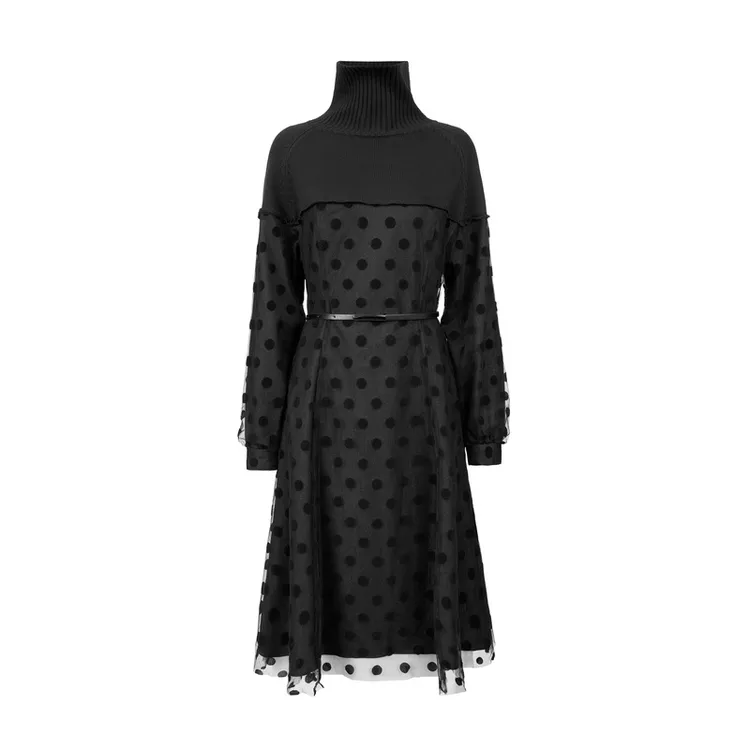 【直播专属】MAOKAI高领波点收腰网纱长袖连衣裙M224Z1203