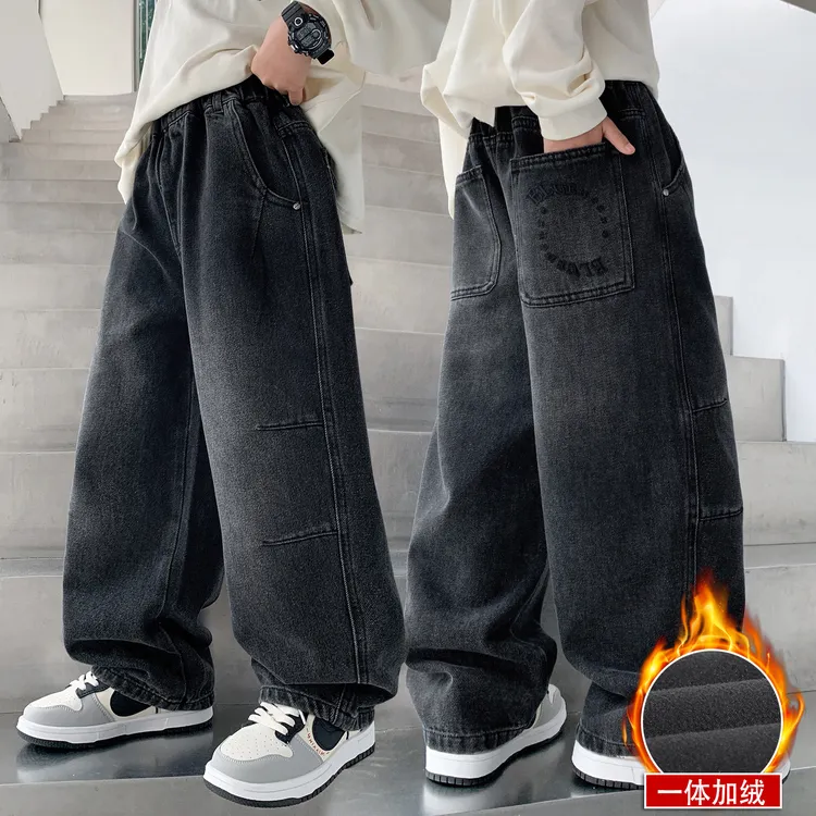 男童加绒牛仔裤秋冬款2025新款儿童冬装一体绒裤子大童冬季休闲裤