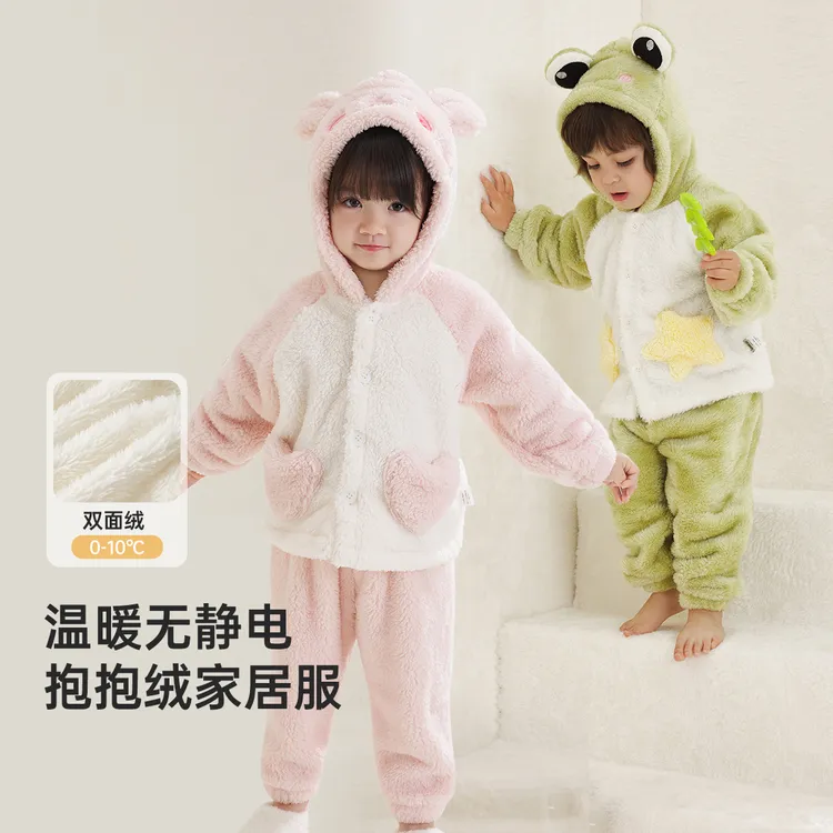 wellber/威尔贝鲁卡通珊瑚绒前开造型连帽套装家居套装冬季25新