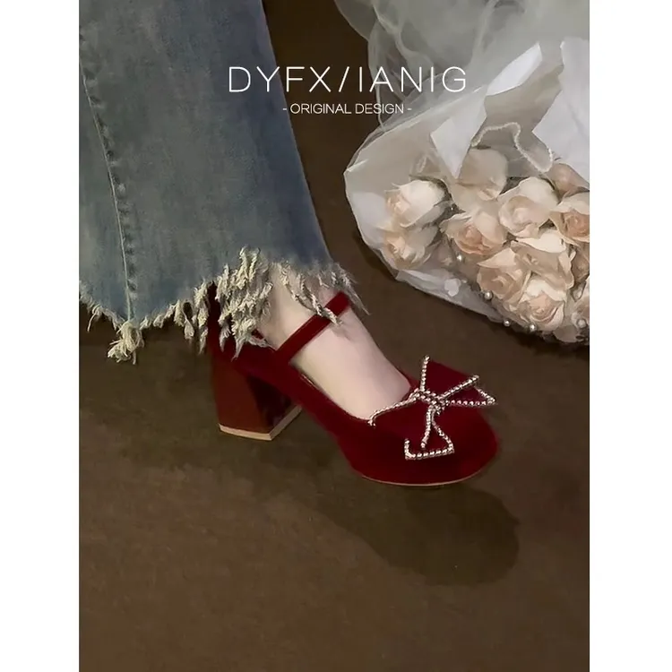 蝴蝶结订婚鞋粗跟绝美红色高级感禾秀敬酒礼服新娘玛丽珍高跟鞋女