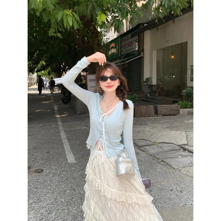 切糕自制【首尔欧尼】小个子初秋女蕾丝拼接假两件镂空长袖针织衫